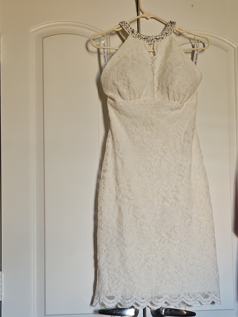White Strapless Lace Dress with Beaded Neckline